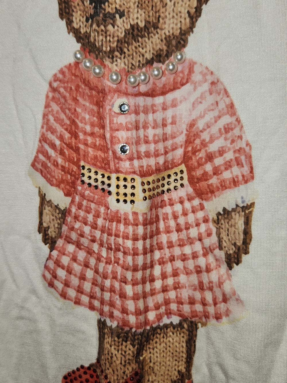 Cute Cyrus White Tee W/ Teddy Bear Wearing Pearls & Rhinestones. L - Picture 3 of 8